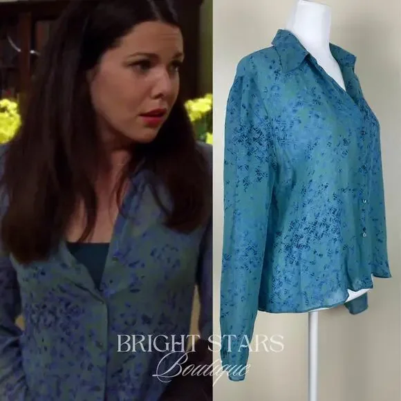 Extremely Rare Blue Silk Blouse Button Down ASO Lorelai Gilmore Girls Vintage - Picture 2 of 9